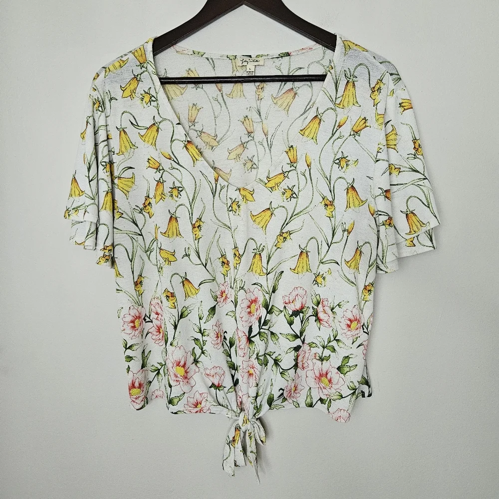 Lily White Blouse Floral Print Top Yellow Pink Green V-Neck Tie Front Casual - Picture 1 of 8